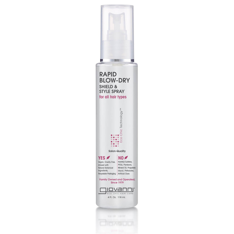 Giovanni Rapid Blow Dry Shield bottle shown for heat protection during styling.