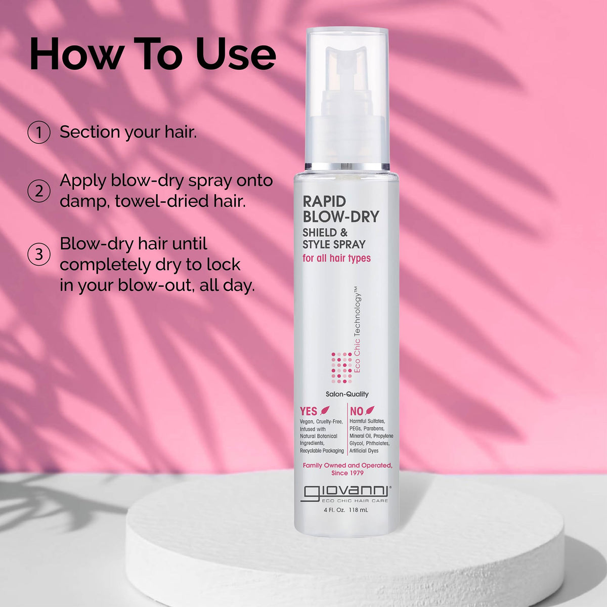 Giovanni Rapid Blow Dry Shield delivering a smooth, soft finish on hair.