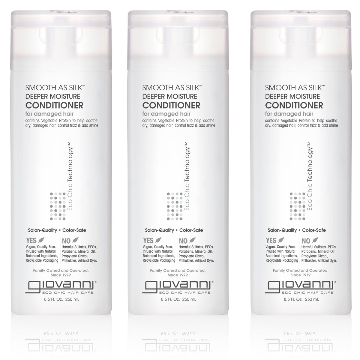 GIOVANNI Smooth As Silk bottle delivering deep moisture for color-treated hair.