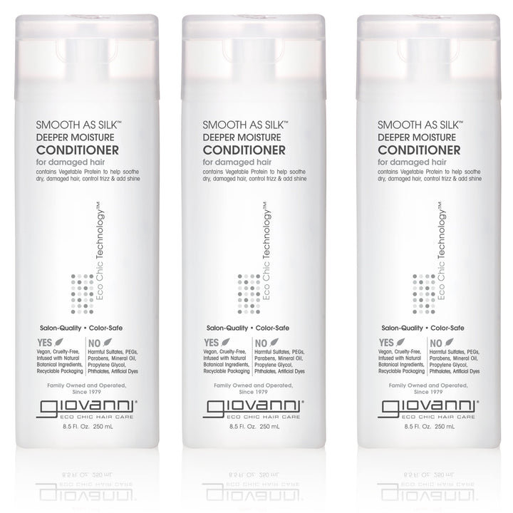 GIOVANNI Smooth As Silk bottle delivering deep moisture for color-treated hair.