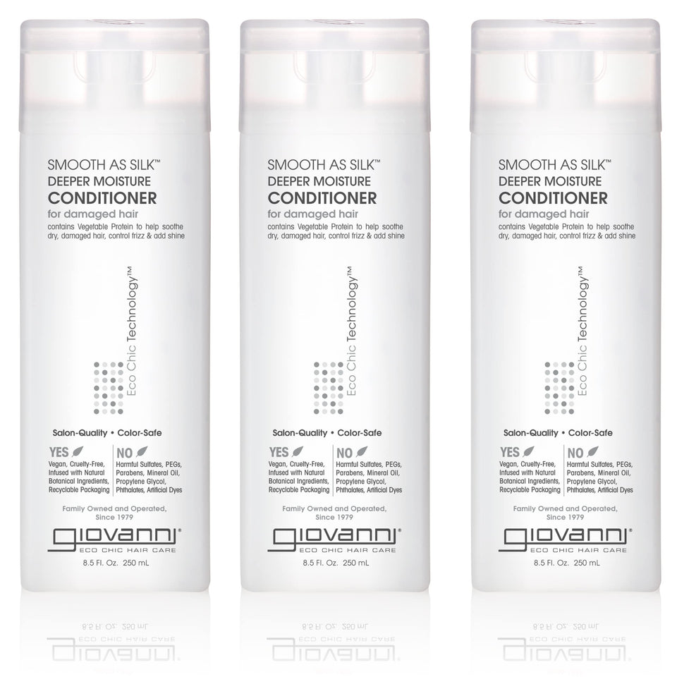 GIOVANNI Smooth As Silk bottle delivering deep moisture for color-treated hair.