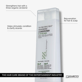 Ingredients close-up: tea tree blend and botanical oils for conditioning.