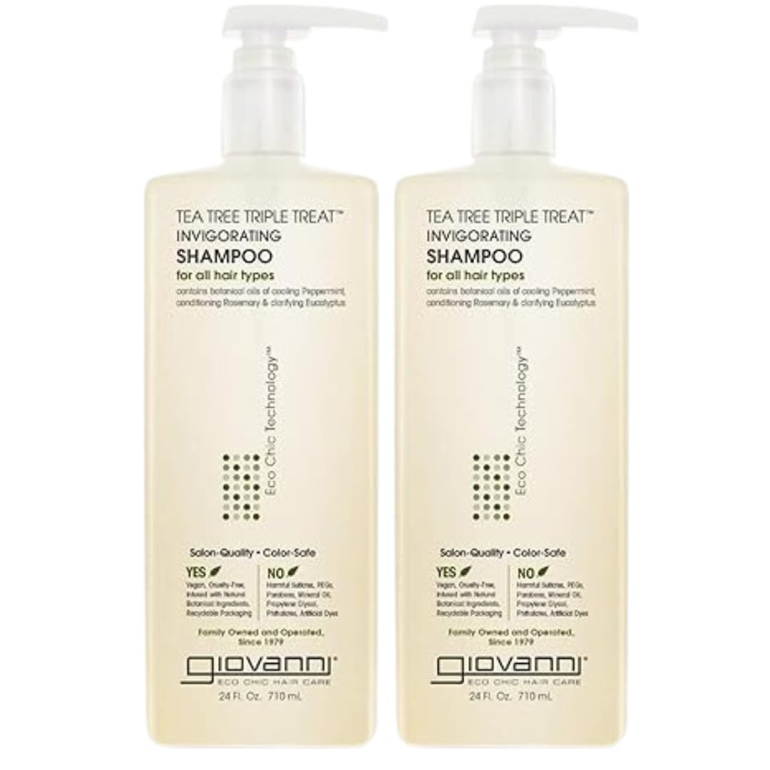 GIOVANNI Tea Tree Triple Treat Shampoo bottle prepares for refreshing scalp care.