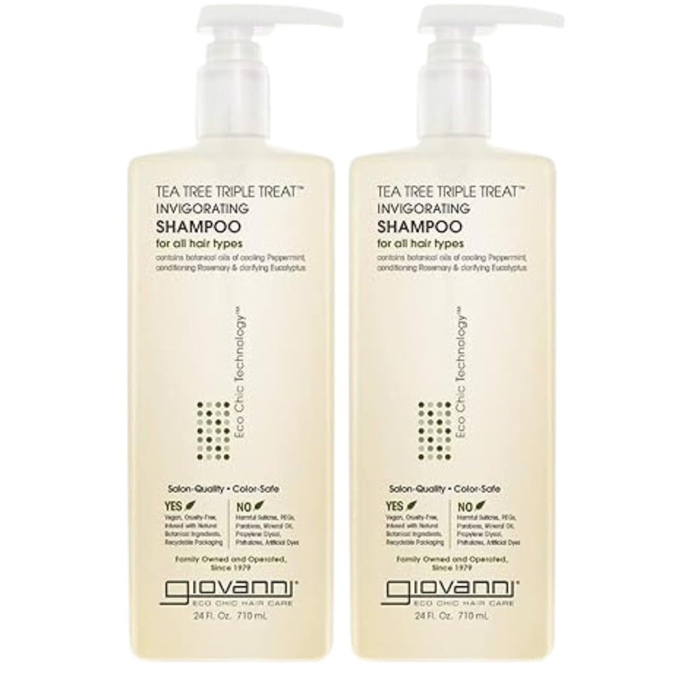 GIOVANNI Tea Tree Triple Treat Shampoo bottle prepares for refreshing scalp care.