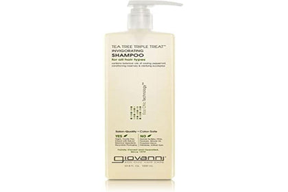 Giovanni Tea Tree Triple Treat Shampoo bottle showcases a refreshing scalp cleanse.