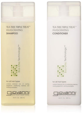 GIOVANNI Tea Tree Triple Treat shampoo bottle highlighting refreshing scalp care.