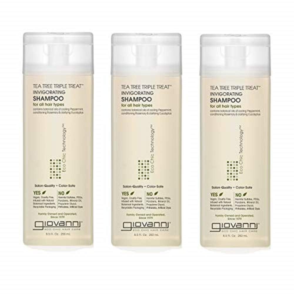 GIOVANNI Tea Tree Triple Treat shampoo bottle delivering refreshing scalp care