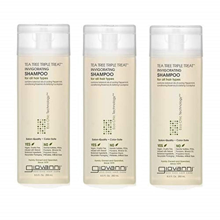 GIOVANNI Tea Tree Triple Treat shampoo bottle delivering refreshing scalp care