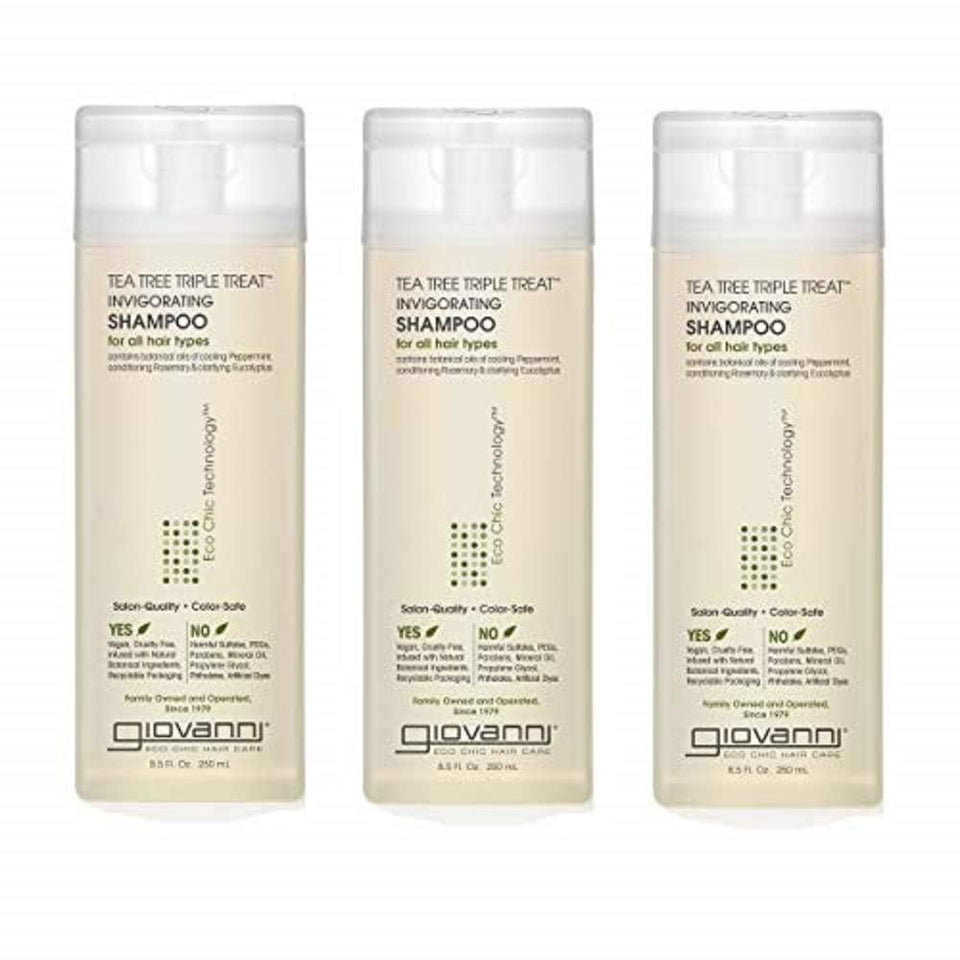 GIOVANNI Tea Tree Triple Treat shampoo bottle delivering refreshing scalp care
