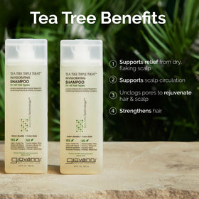 GIOVANNI Tea Tree Triple Treat shampoo label highlighting vegan and cruelty-free ethics