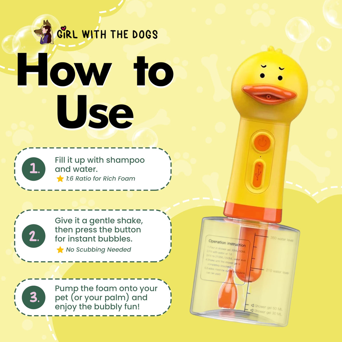 Easy refill system keeps Girl With The Dogs duck ready for bubble fun.