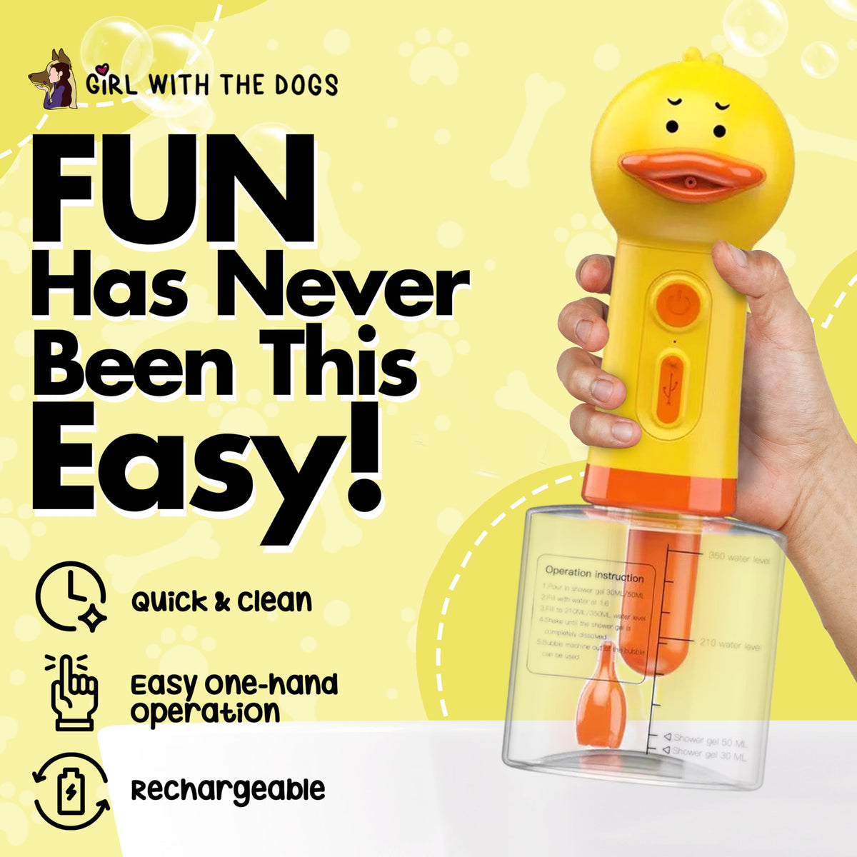 Gentle foam provides pet-friendly cleansing with Girl With The Dogs dispenser.