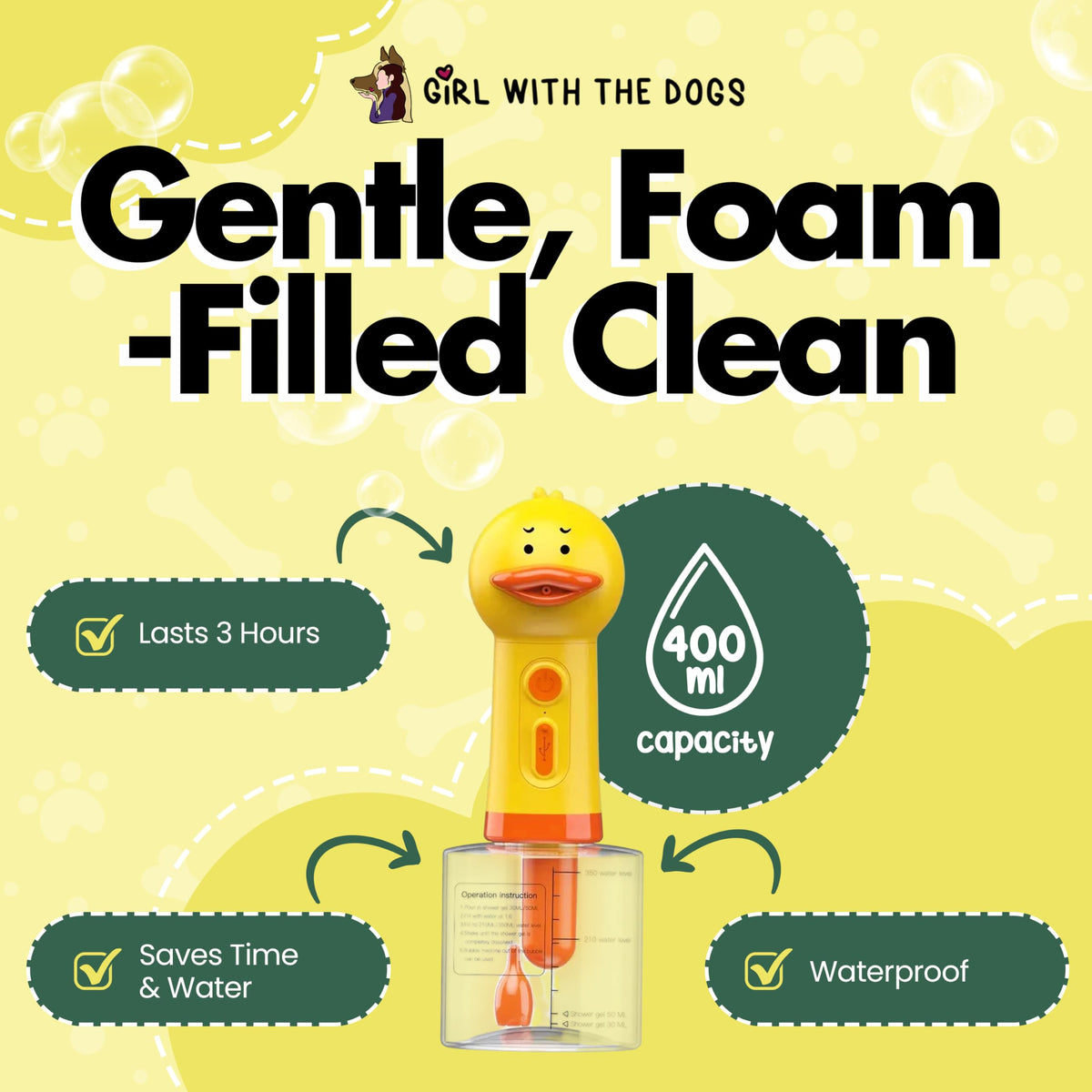 Girl With The Dogs no-mess duck dispenser reduces spills during bath.
