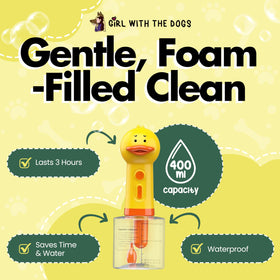 Girl With The Dogs no-mess duck dispenser reduces spills during bath.