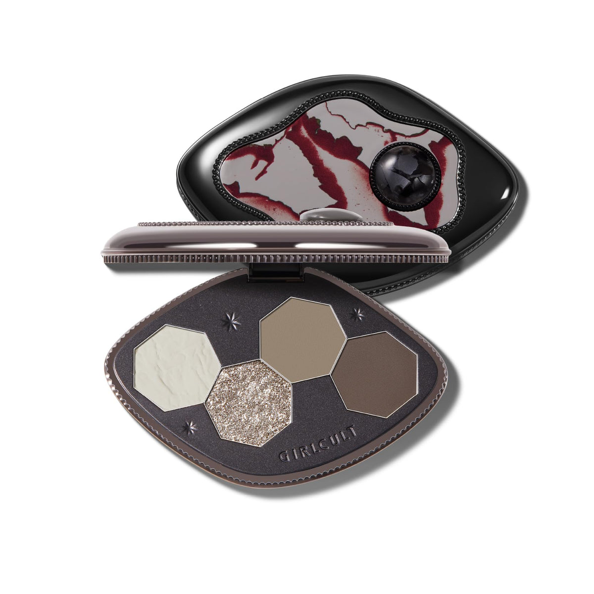 GIRLCULT four-color eyeshadow palette open with built-in mirror for precise application