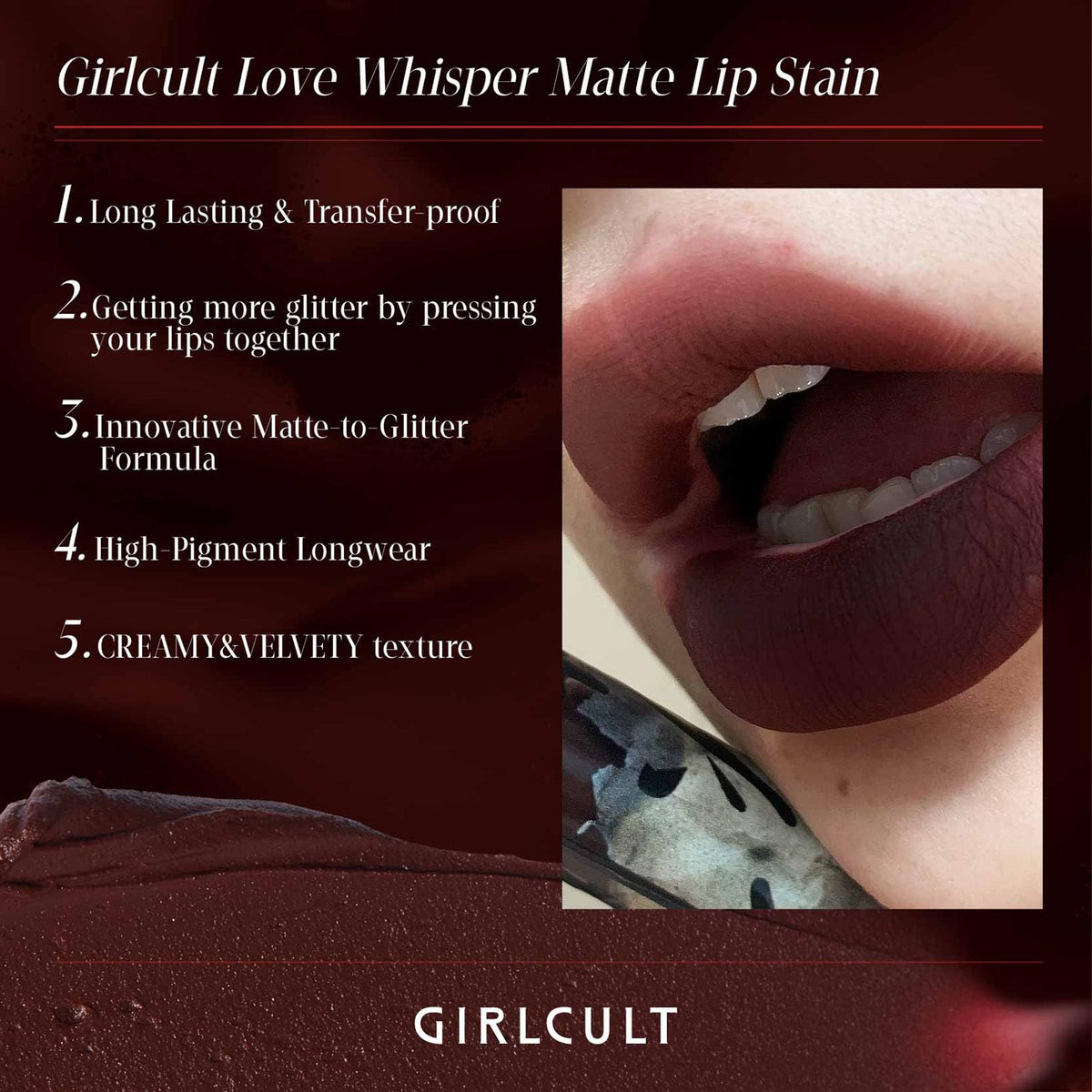 GirlCult Matte Lip Stain diffused color with subtle sparkle depth.