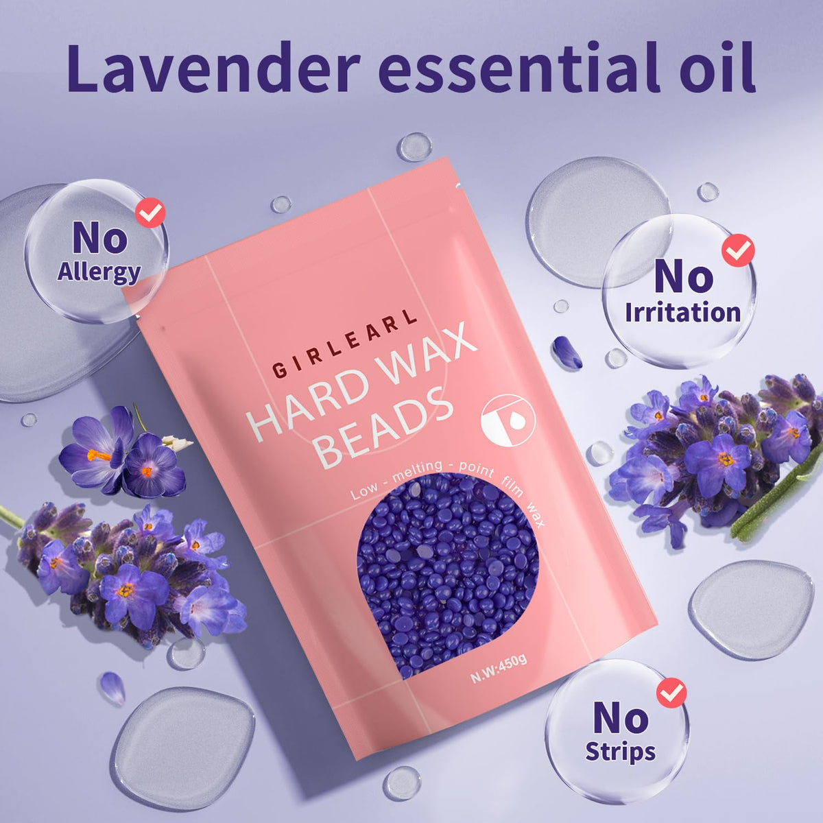GIRLEARLE lavender wax beads emit a calming aroma during waxing sessions.