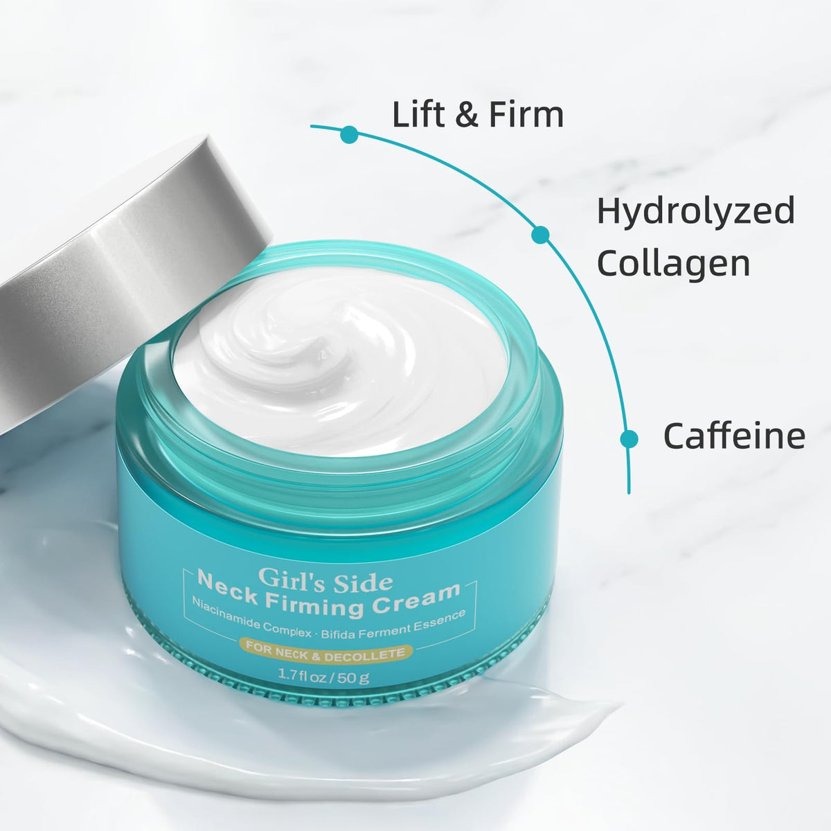 Girl's side neck firming cream jar showing rich texture for smoother décolleté.