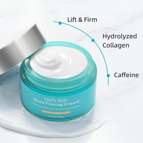 Girl's side neck firming cream jar showing rich texture for smoother décolleté.