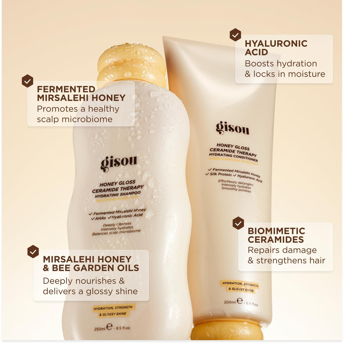 Gisou Honey Gloss Conditioner bottle detangles and adds shine.