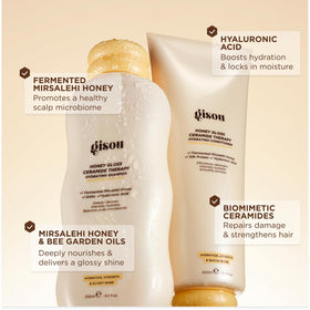 Gisou Honey Gloss Conditioner bottle detangles and adds shine.