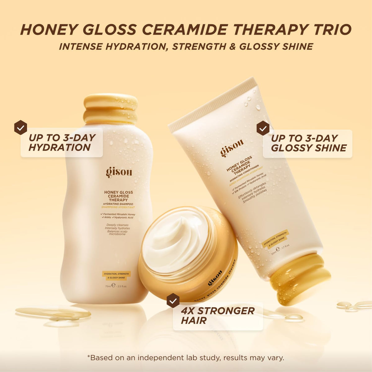 Gisou Honey Gloss Hair Mask jar nourishes and smooths hair.