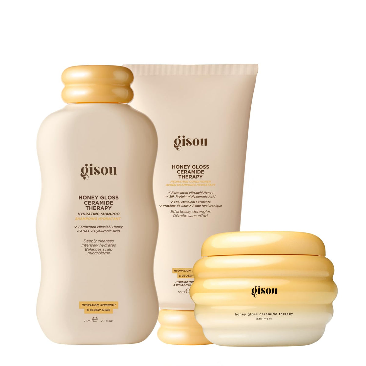 Gisou Honey Gloss Shampoo bottle delivering clean, hydrated hair.