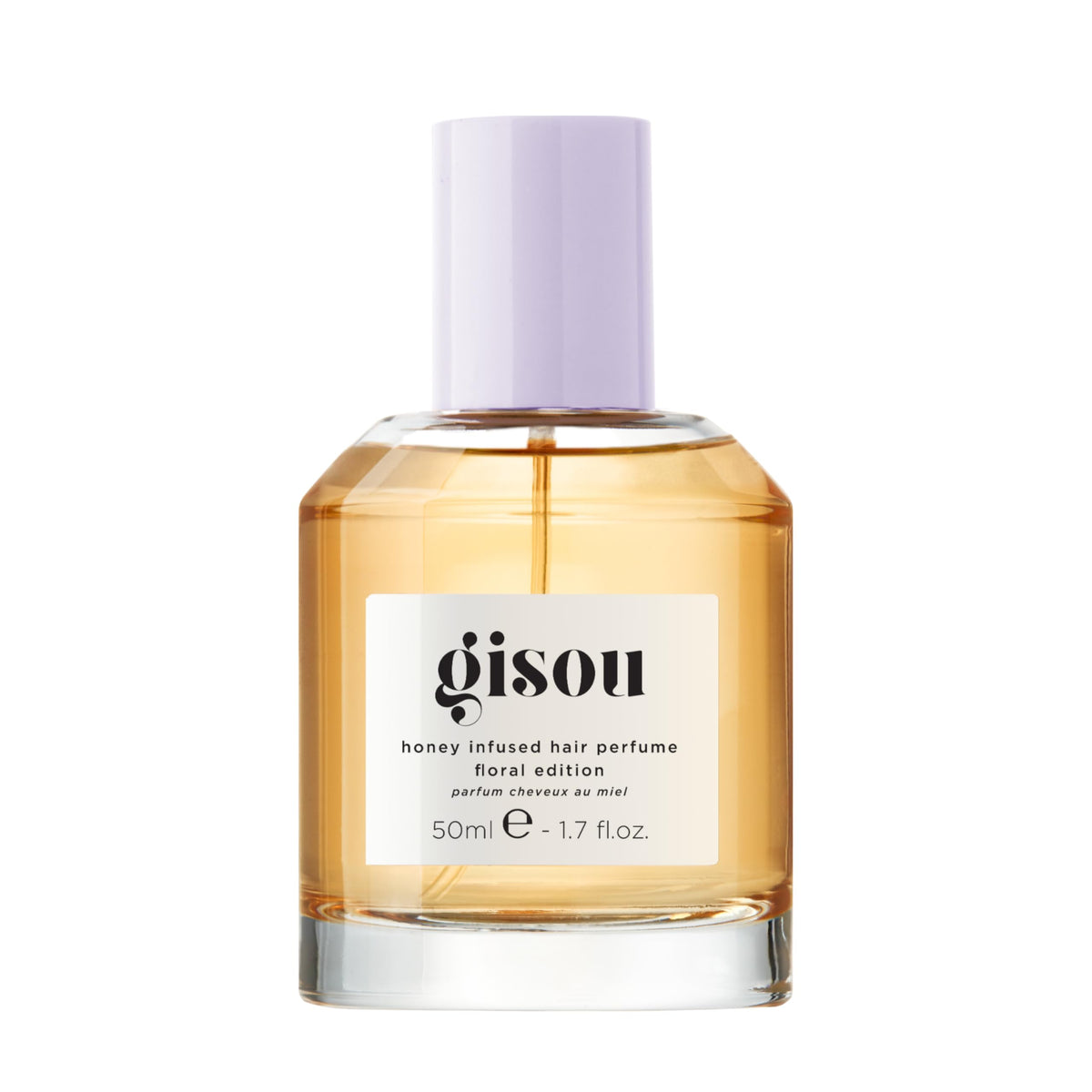 Gisou Honey Infused Hair Perfume bottle closeup showing a hydrating, glossy finish.