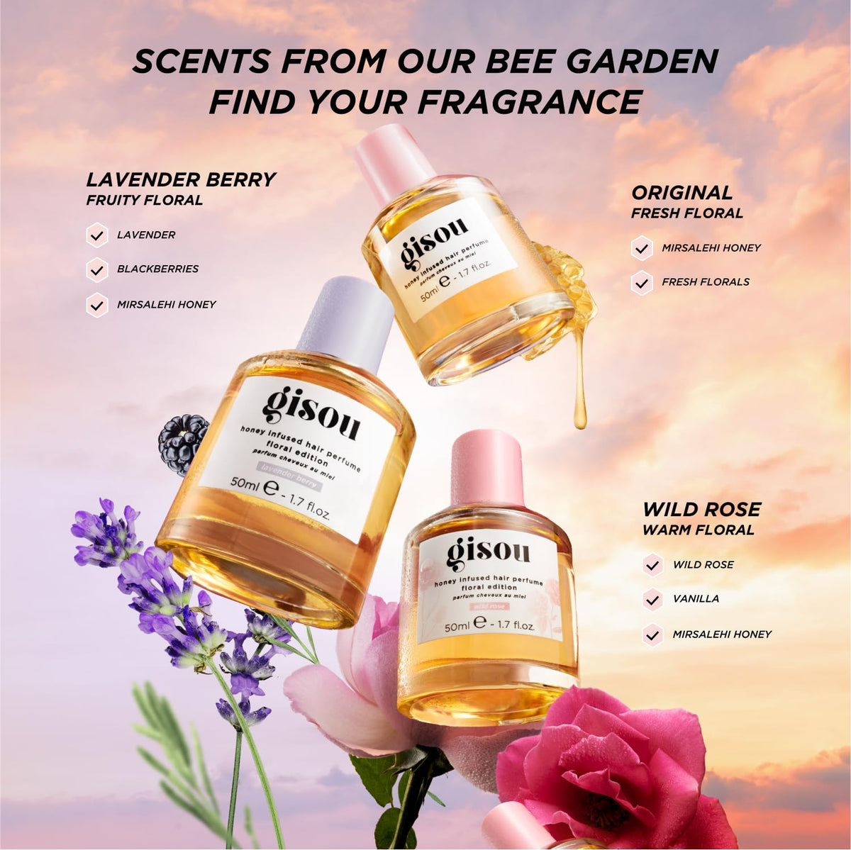 Packaged Gisou product display showcasing three signature scents available.