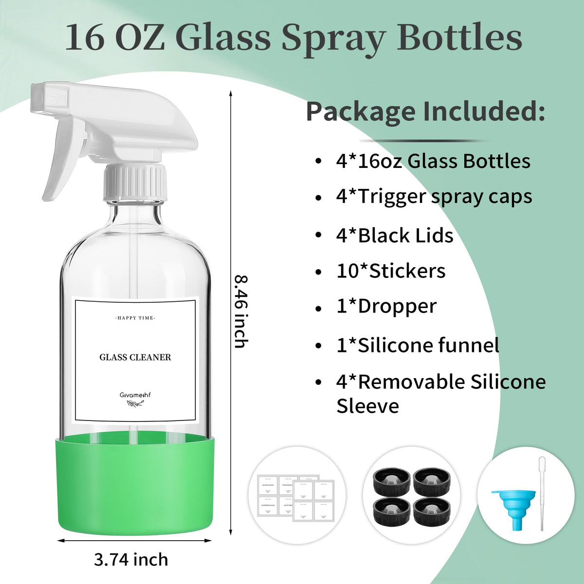 GIVAMEIHF 16oz glass spray bottle with green silicone sleeve for splash resistance.