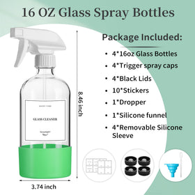 GIVAMEIHF 16oz glass spray bottle with green silicone sleeve for splash resistance.