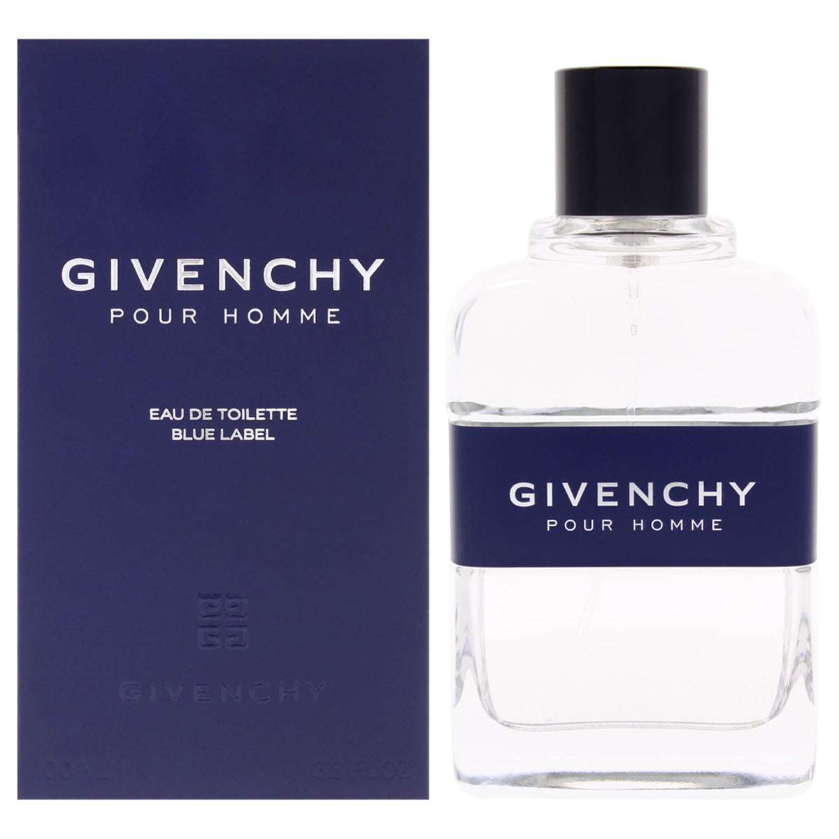 Givenchy Blue Label bottle front view, showcasing a sleek masculine design for evening wear