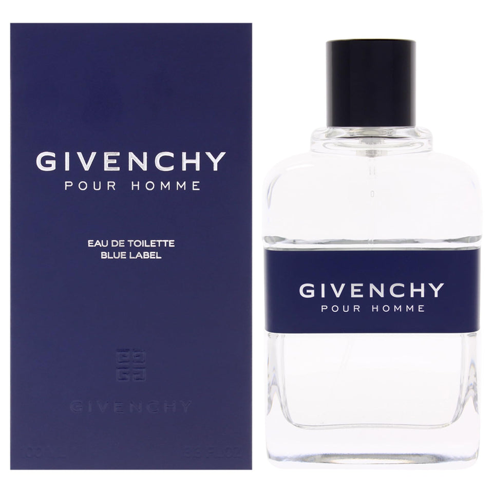 Givenchy Blue Label bottle front view, showcasing a sleek masculine design for evening wear