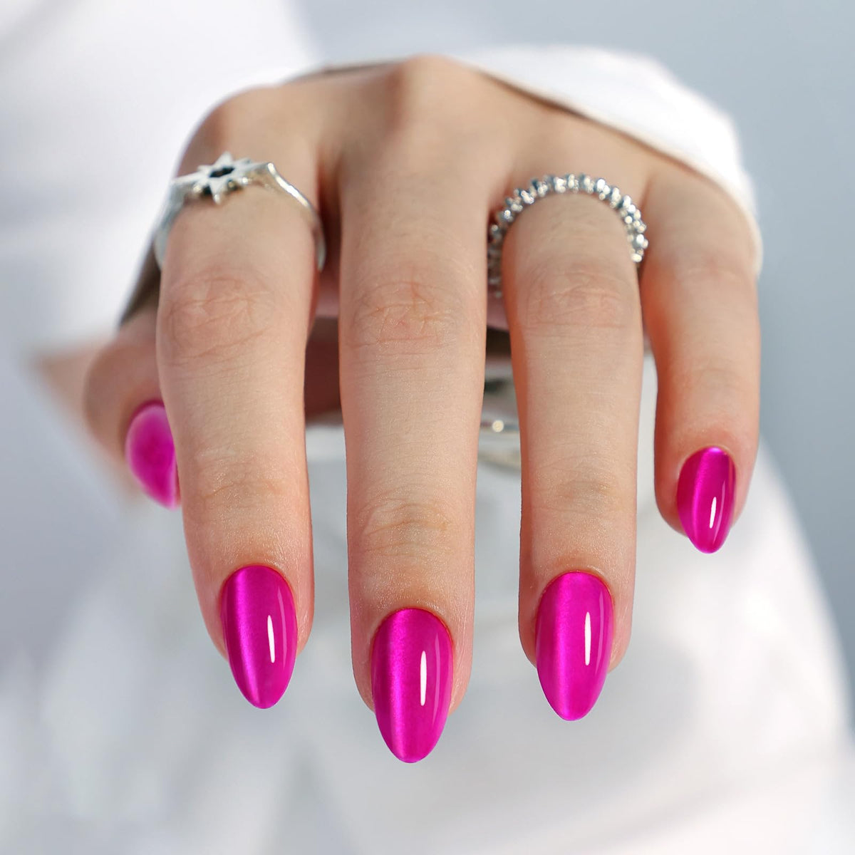 GJZEZ hot pink cat eye nails close-up showing bold shimmer for instant glam
