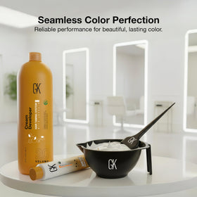 GK Hair 20-volume developer bottle demonstrates smooth consistency for even color results.