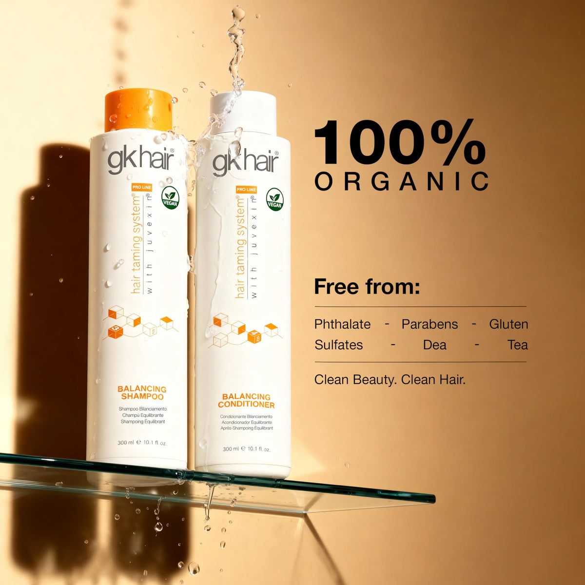 GK HAIR Balance Conditioner bottle shows detangled, soft hair with extended smoothness.