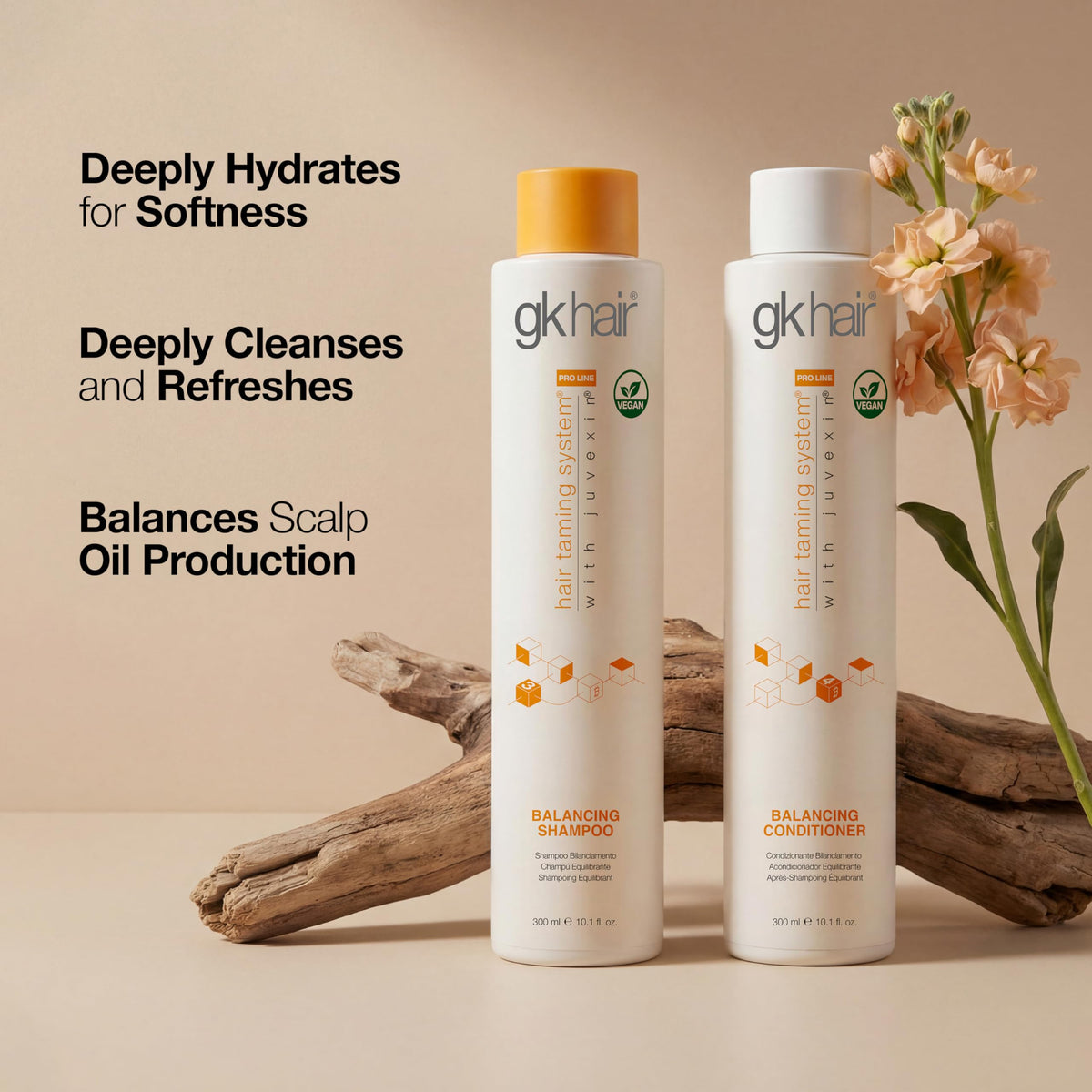 GK HAIR Balance packaging box suggests easy setup and travel-ready care.