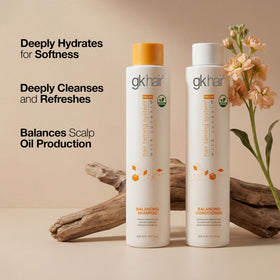 GK HAIR Balance packaging box suggests easy setup and travel-ready care.