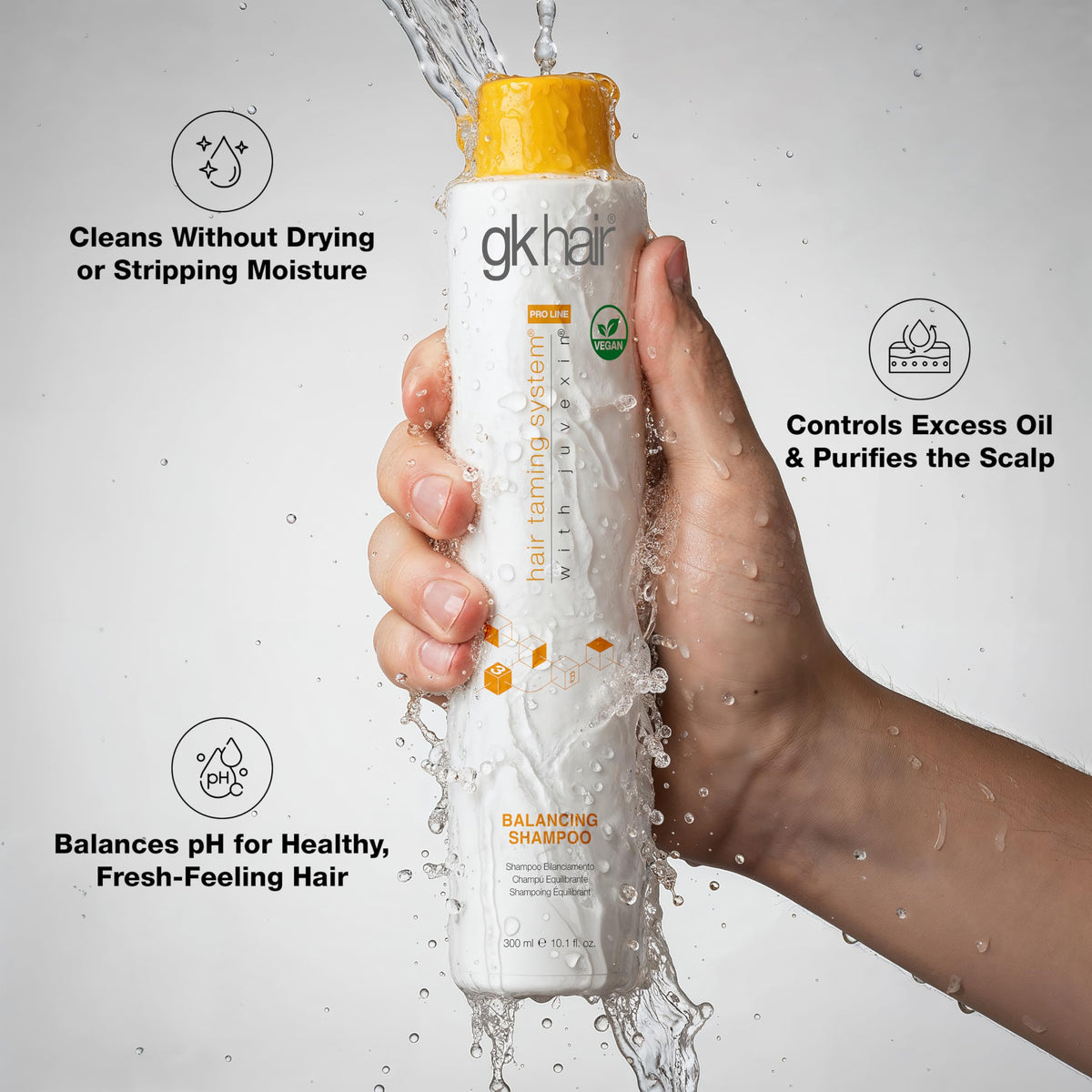 GK HAIR Balance rich-lather shows deep cleansing without stripping moisture.