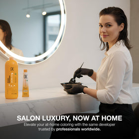 GK Hair color cream and developer setup ready for professional hair bleaching and toning.