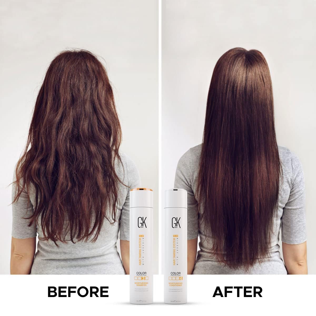 GK Hair Color Protection Conditioner bottle emphasizing frizz control and smooth results.