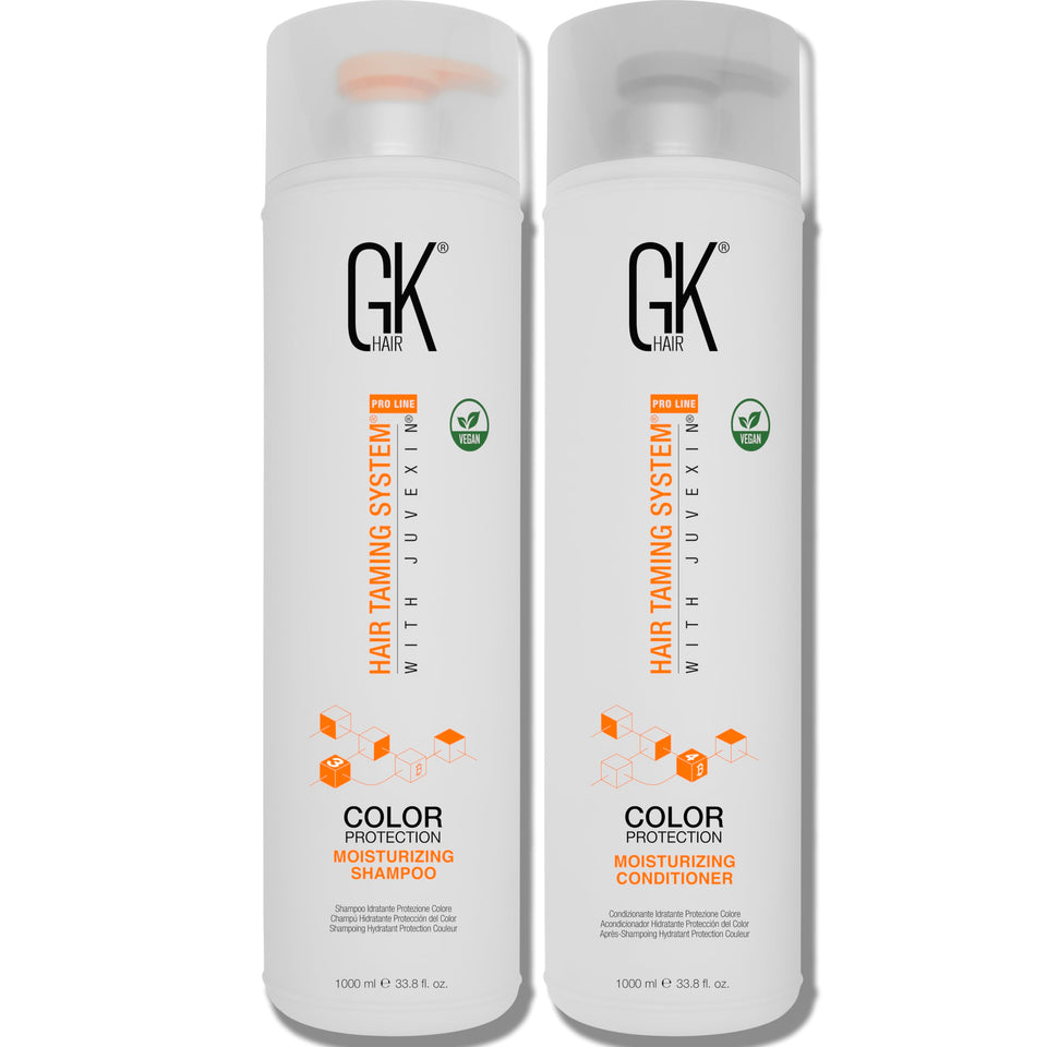 GK HAIR Moisturizing Shampoo bottle showing color-safe formula