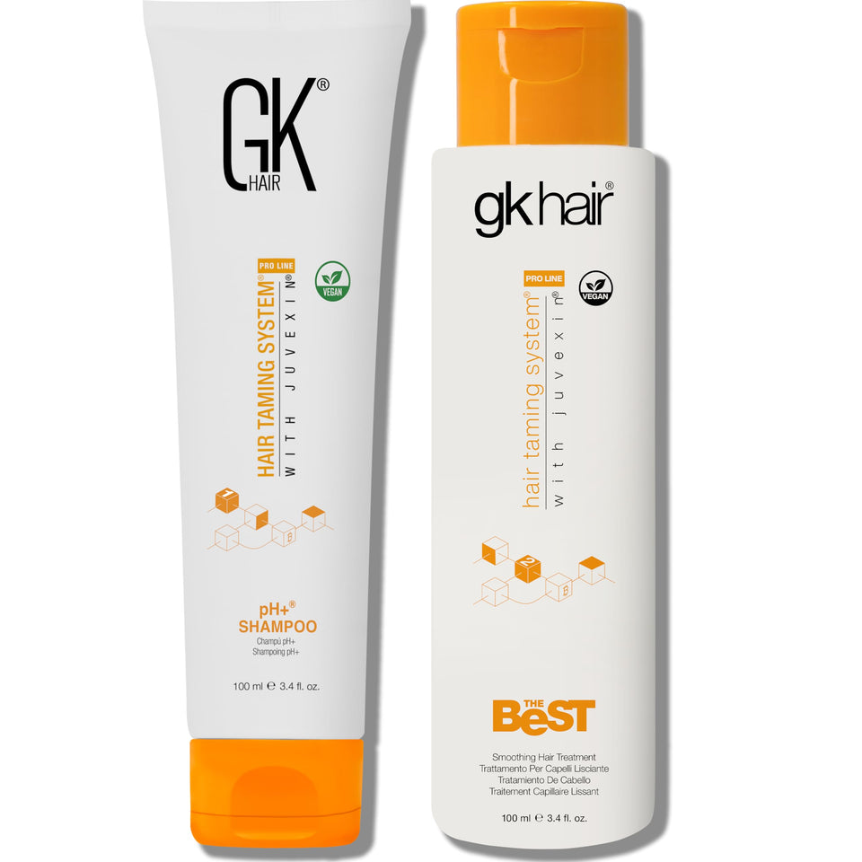 GK HAIR smoothing keratin treatment bottle offers frizz control and sleek shine
