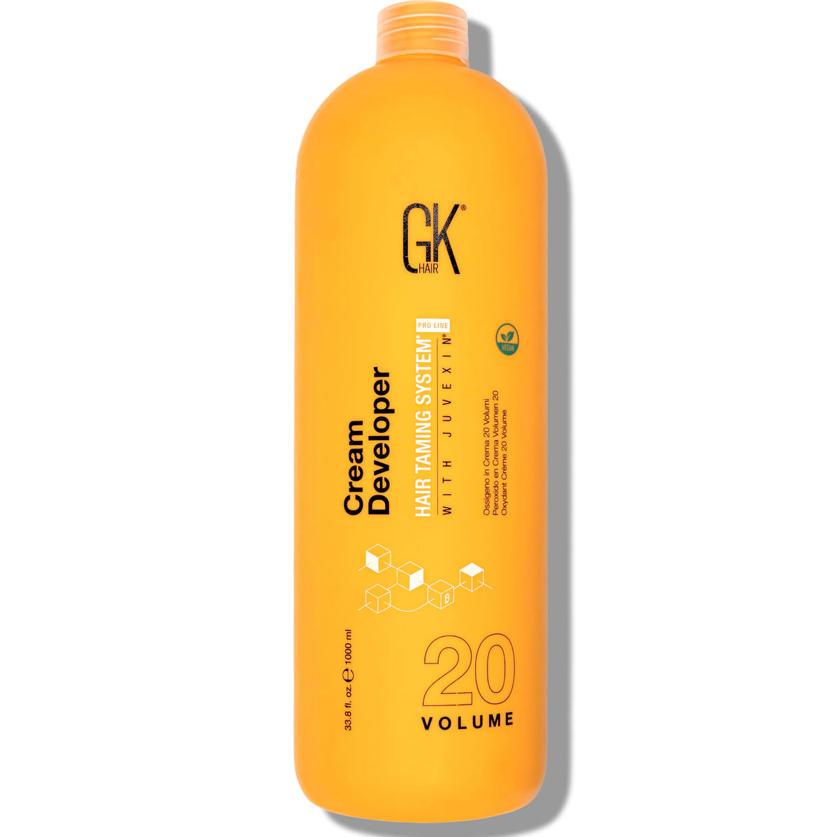 GK Hair vegan professional developer bottle for precise mixing and non-drip application.