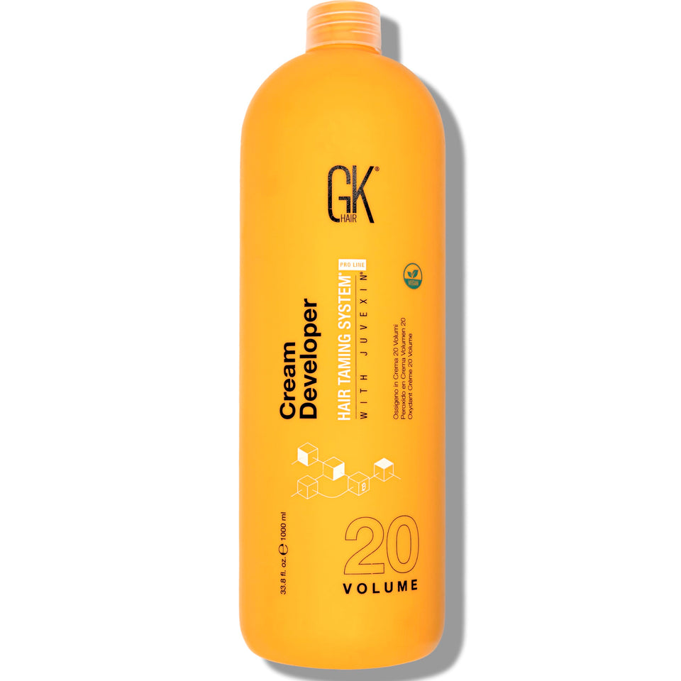 GK Hair vegan professional developer bottle for precise mixing and non-drip application.