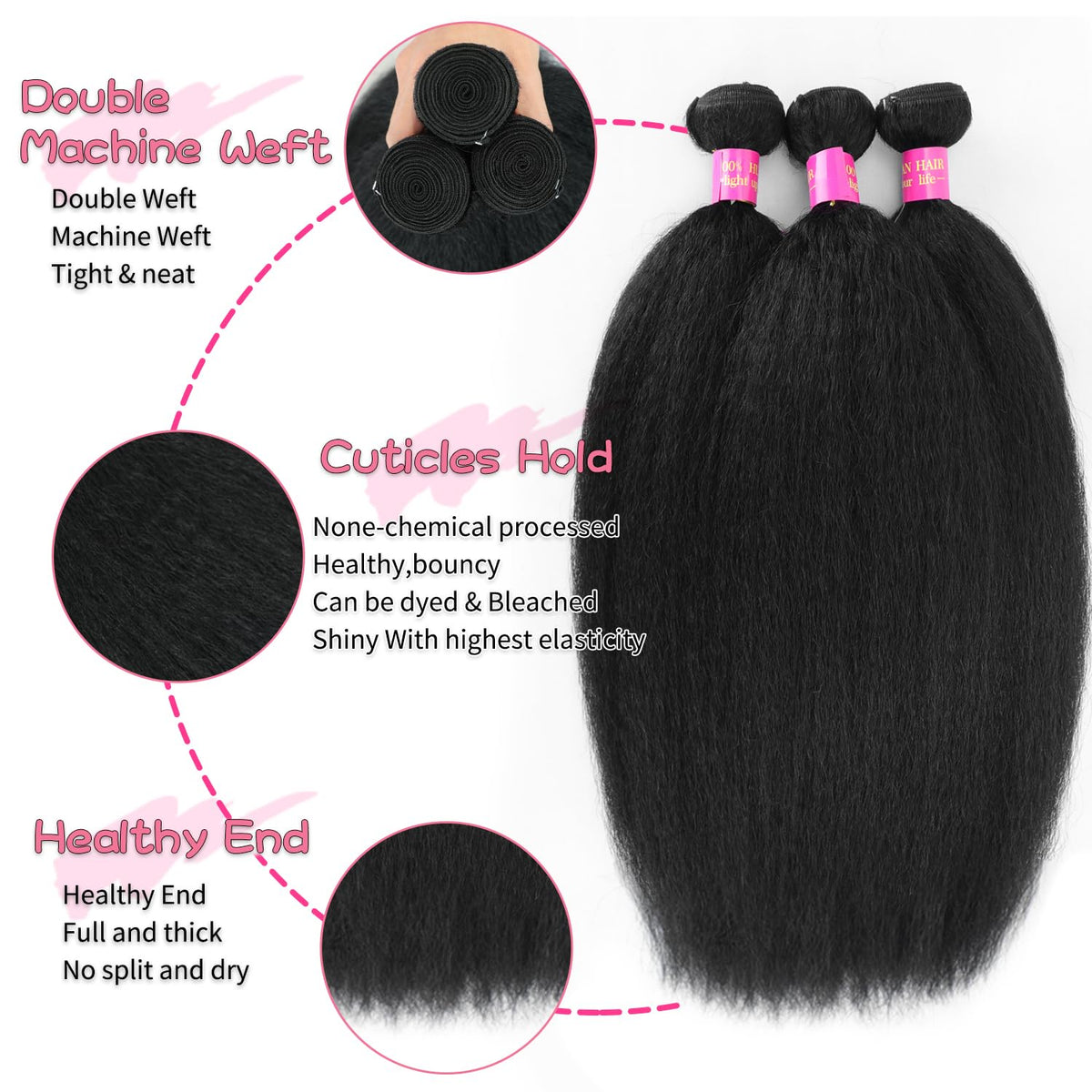 GKGW Brazilian virgin hair Yaki bundles highlight smooth, voluminous straight texture.