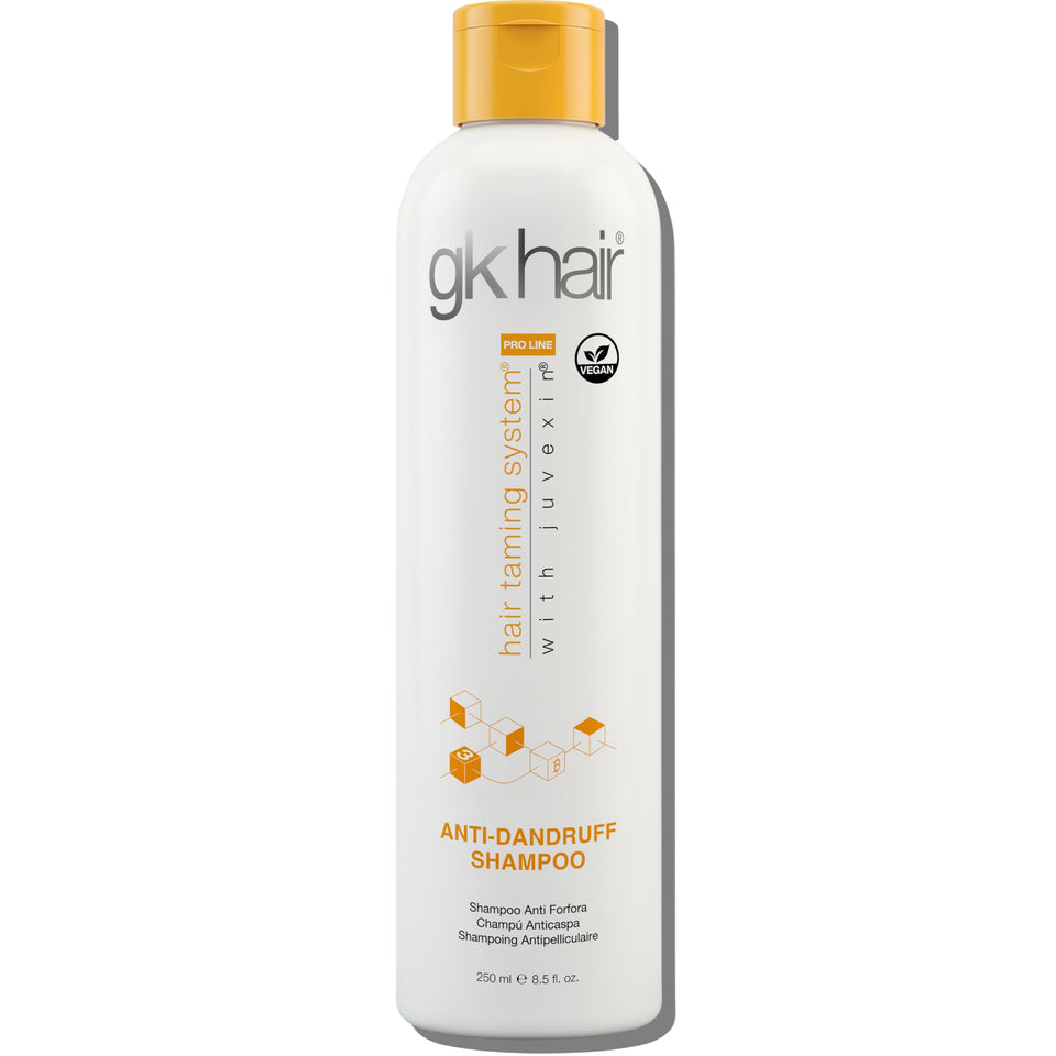 GK HAIR Anti-Dandruff Shampoo bottle pour for quick scalp refresh.