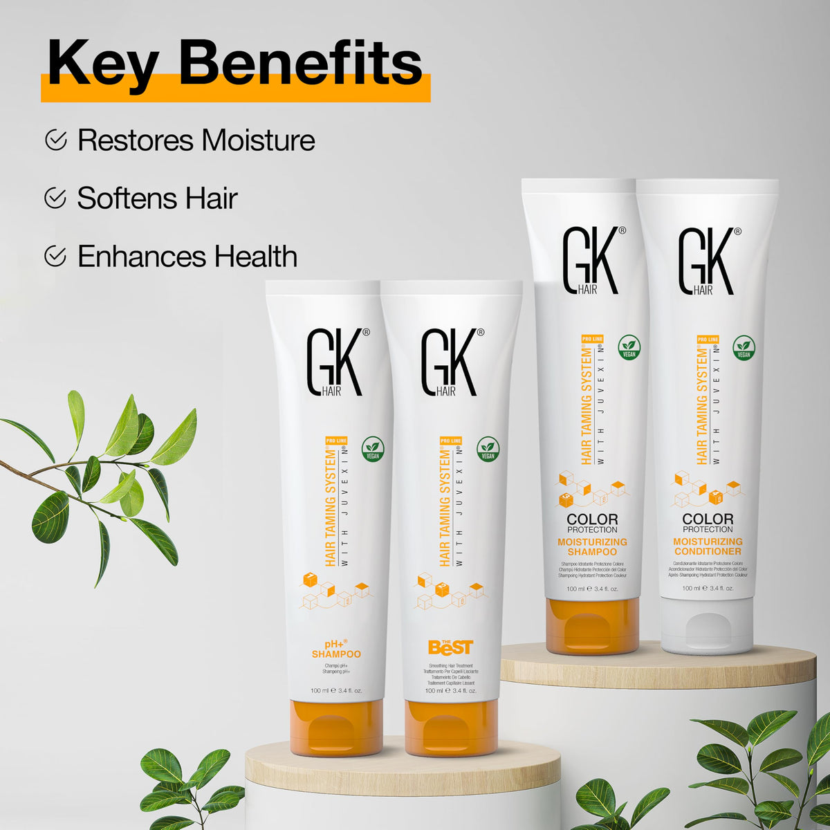 GK Hair before-and-after smoothing shows silky shine and frizz control