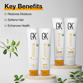 GK Hair before-and-after smoothing shows silky shine and frizz control