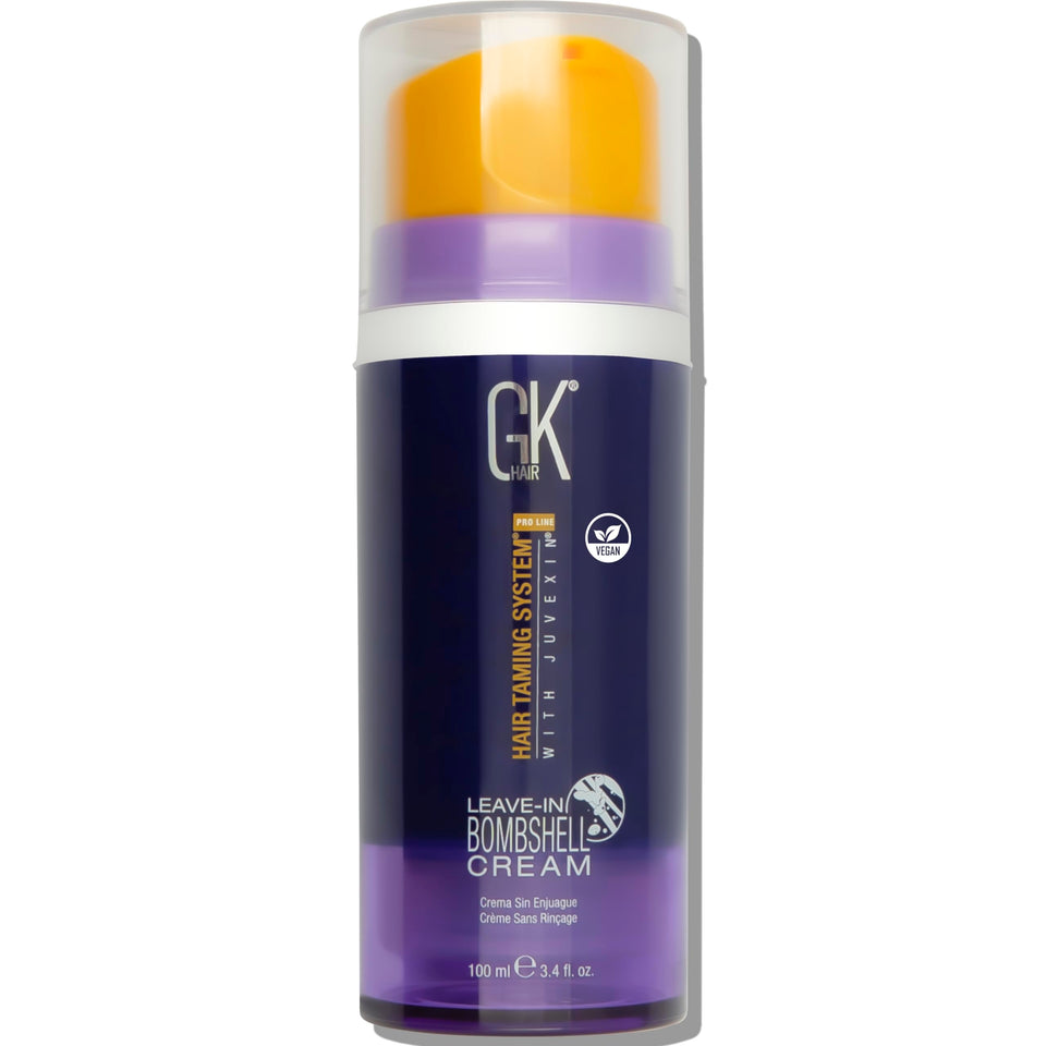 GK HAIR Leave-In Bombshell Cream bottle neutralizes brass for blonde hair.